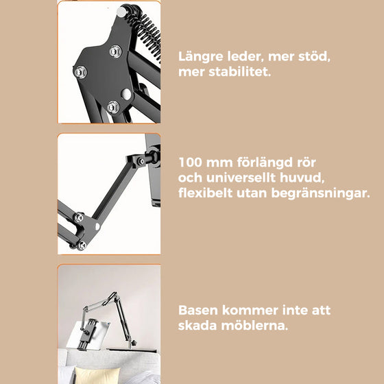 Infällbar och dold hållare för mobil och surfplatta vid sängkanten