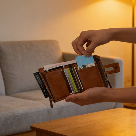 Vintage läderplånbok med dubbla blixtlås och RFID-blockering