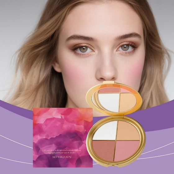 Allt-i-ett-palett för highlighter, ögonskugga och rouge