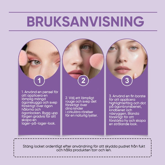 Allt-i-ett-palett för highlighter, ögonskugga och rouge