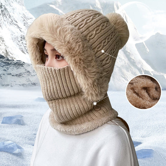 Allt-i-ett stickad mössa och halsduk