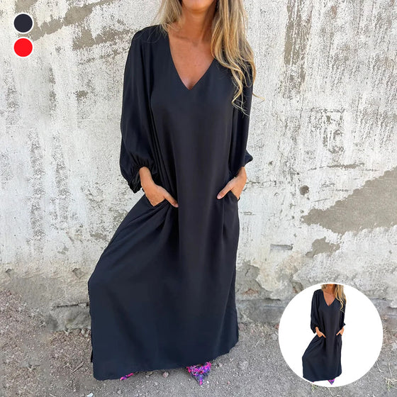 Förköp>Löst sittande V-ringad enfärgad klänning med lanterninärm