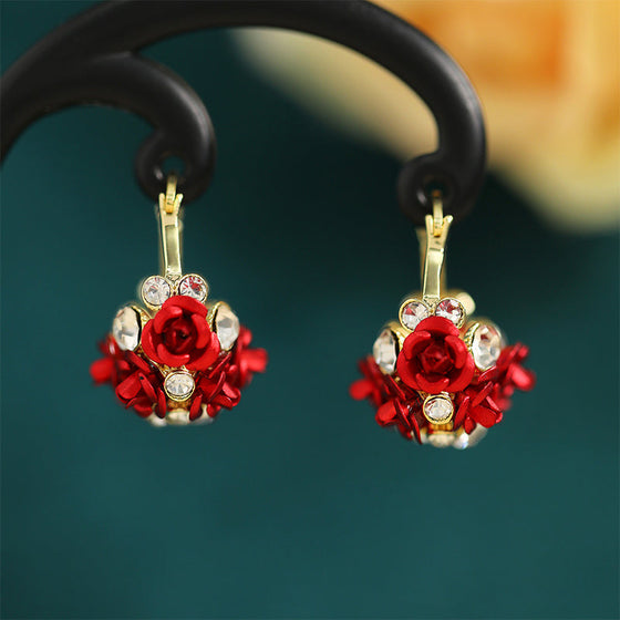 Blossoming Flower Basket Red Rose Earrings