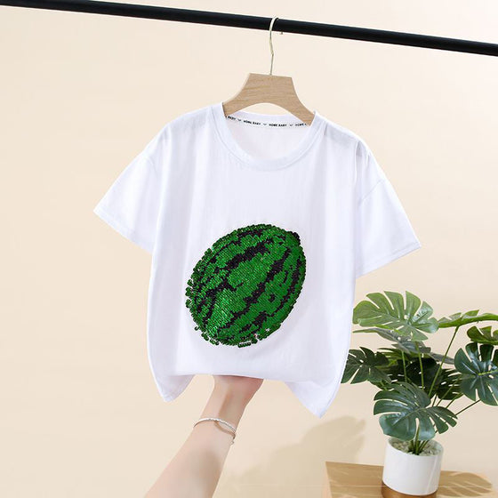 2022 ny vattenmelon t-shirt med föränderliga paljetter