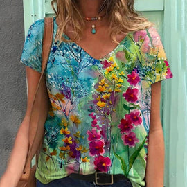 Artwishers blommig konstmålning V-ringad T-shirt