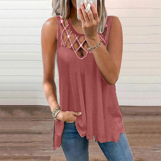 Kvinnors solida färg ärmlös ihålig skjorta