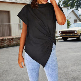 Damtröja med rund hals, knuten blus T-shirt