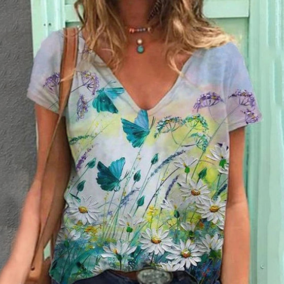 Artwishers blommig konstmålning V-ringad T-shirt