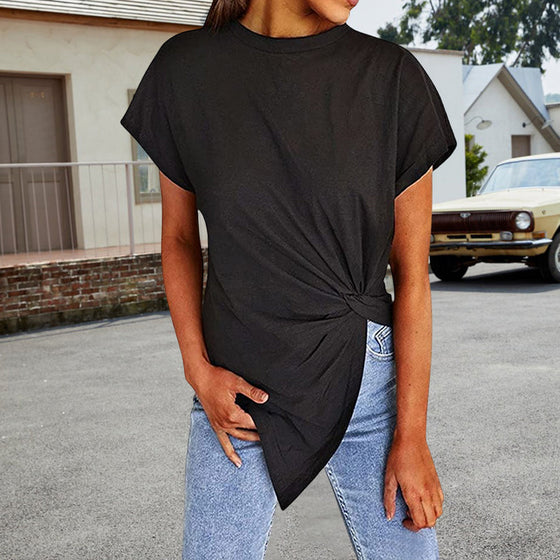 Damtröja med rund hals, knuten blus T-shirt