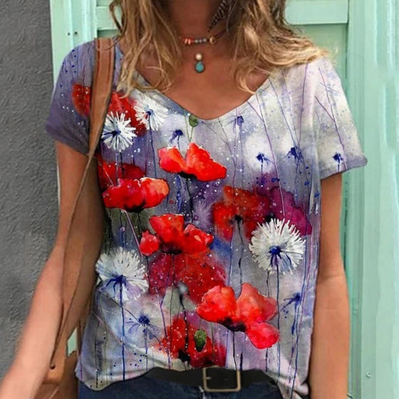 Artwishers blommig konstmålning V-ringad T-shirt