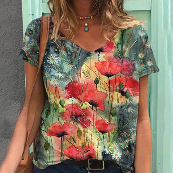 Artwishers blommig konstmålning V-ringad T-shirt
