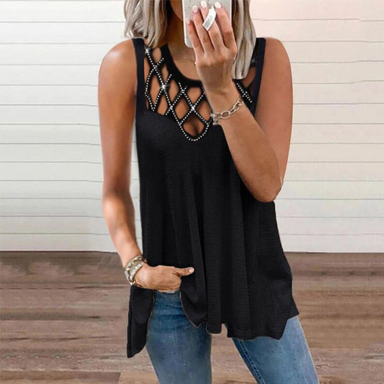 Kvinnors solida färg ärmlös ihålig skjorta