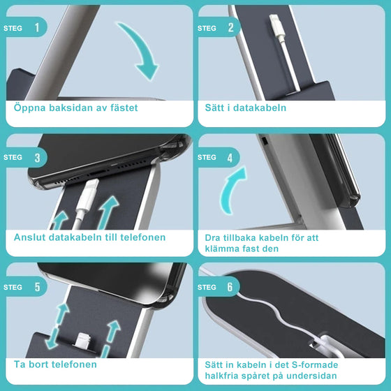 Telefonställ med plats för laddningskabel