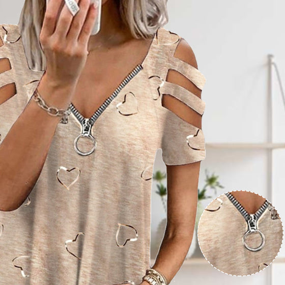 V-ringad dragkedja t-shirt med hjärttryck