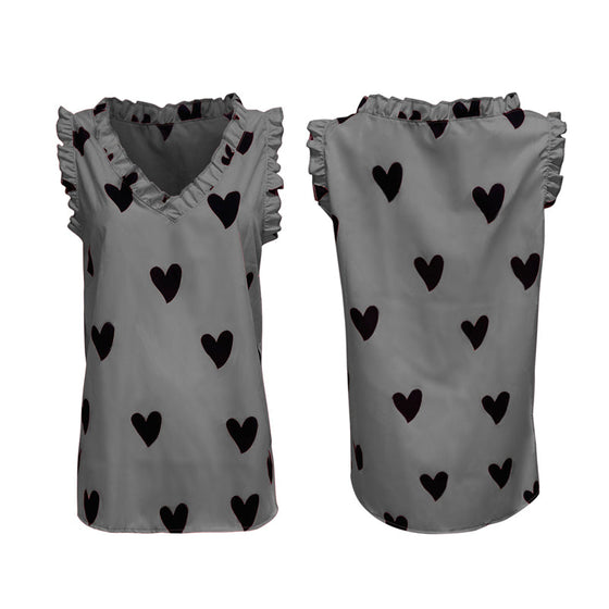 Hjärttryck V-ringad volang veckad T-shirt topp
