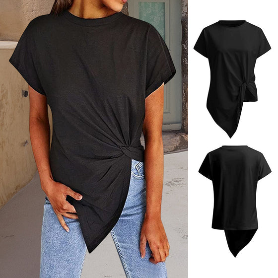 Damtröja med rund hals, knuten blus T-shirt