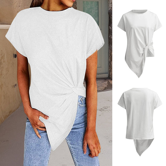 Damtröja med rund hals, knuten blus T-shirt