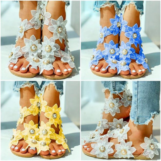 Casual damsandaler med chiffongblomma och pärlor