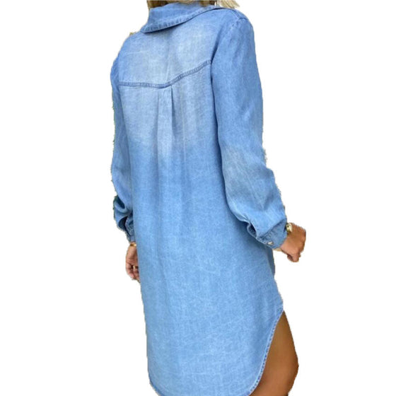 Långärmad Klänning i massiv denim med knappficka