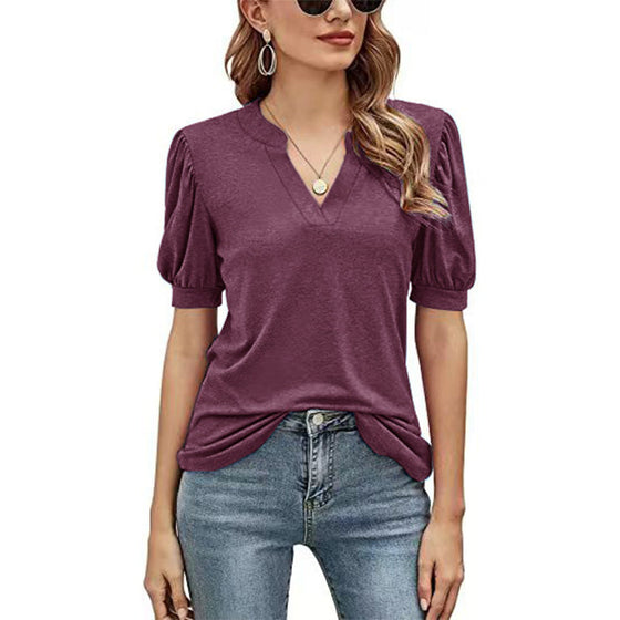 Casual v-ringad enfärgad puffärm lös t-shirt