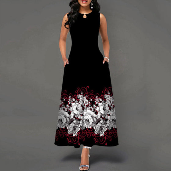 Ärmlös klänning med tryckt rund hals