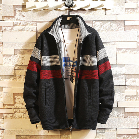 Fleeced stickad tröja cardigan för män med hel dragkedja