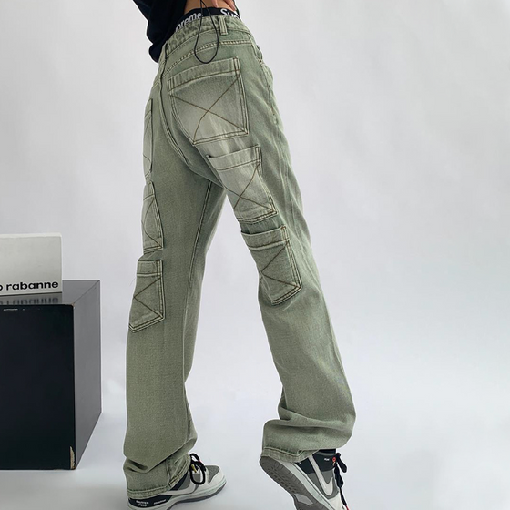High Waist Pocket Straight Jeans