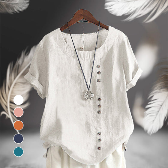 Avslappnad kortärmad T-shirt i bomull och linne