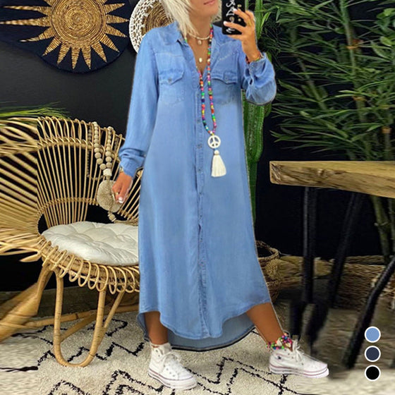 Enfärgad långärmad denimklänning för kvinnor