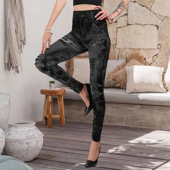 Sportleggings med hög midja i denimlook