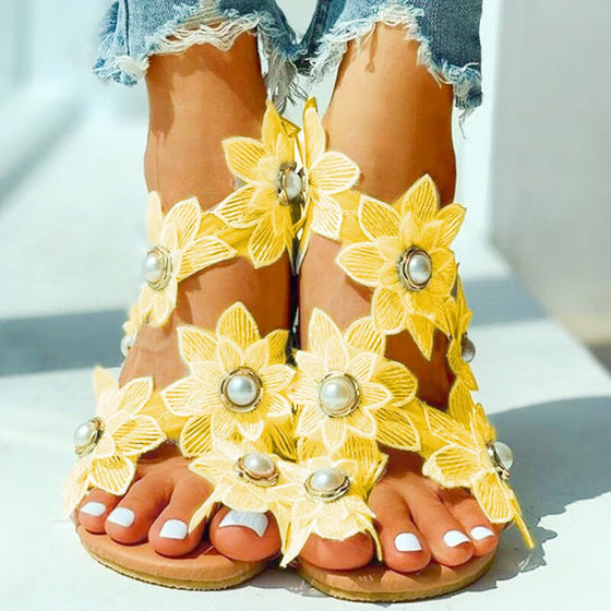 Casual damsandaler med chiffongblomma och pärlor
