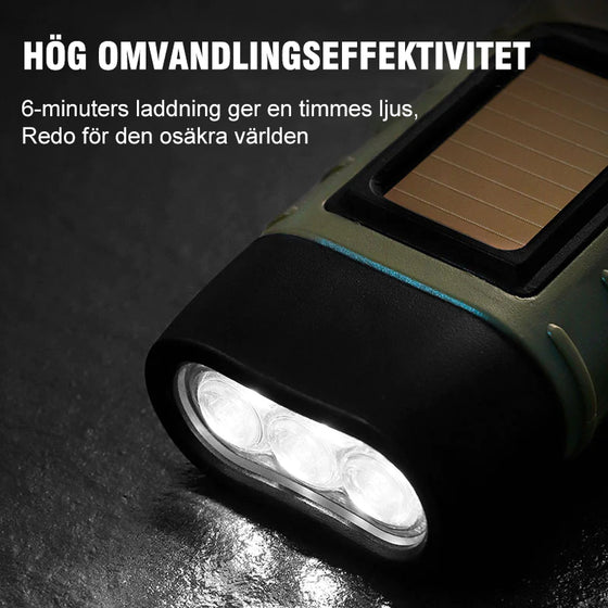 Solcellsdriven ficklampa med handvevsladdning