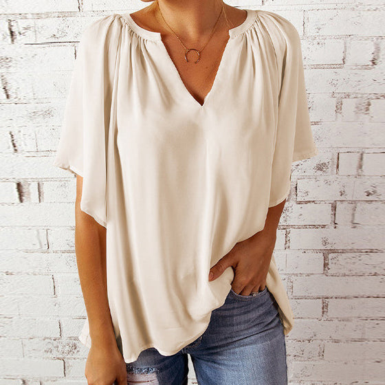 V-ringad halvärm enfärgad blus
