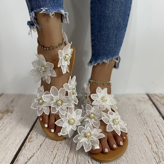Casual damsandaler med chiffongblomma och pärlor