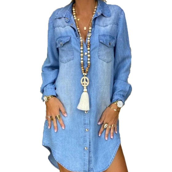 Långärmad Klänning i massiv denim med knappficka