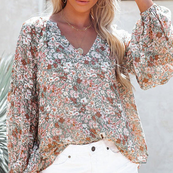 Boho blommönster V-ringad långärmad lös blus