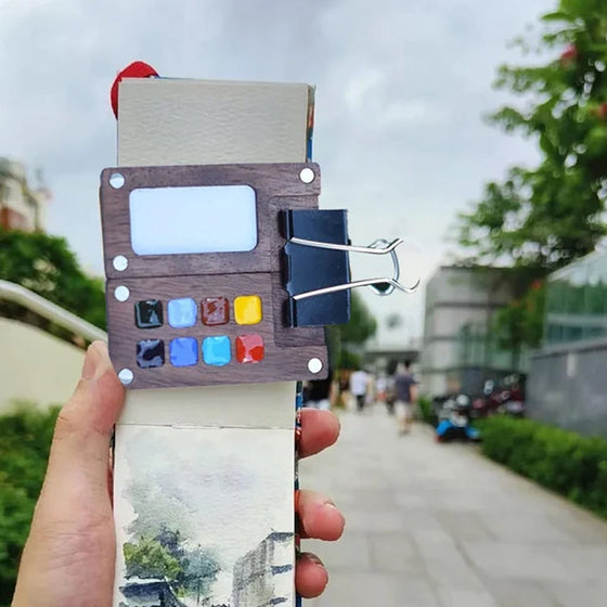 Bärbar akvarellpalett i valnöt