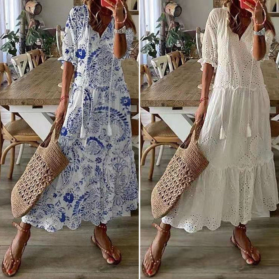 V-ringad Volang klänning med halvärm