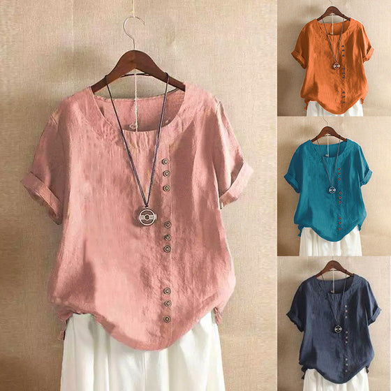 Avslappnad kortärmad T-shirt i bomull och linne