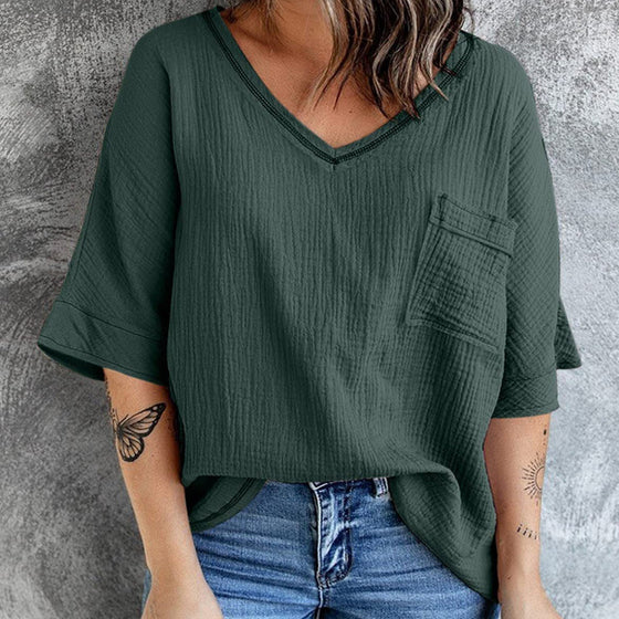 Kvinnors V-ringad skjorta med medium ärm och fickor