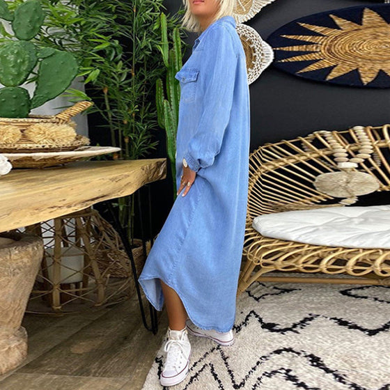 Enfärgad långärmad denimklänning för kvinnor