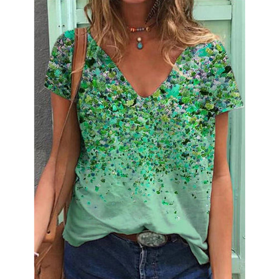 V-ringad kortärmad t-shirt med blommönster