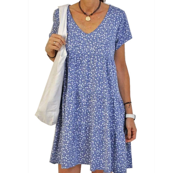 Kortärmad klänning med rund hals och tryck