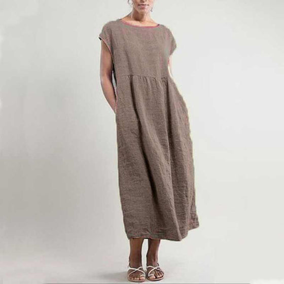 Enfärgad ärmlös lös linneklänning med ficka