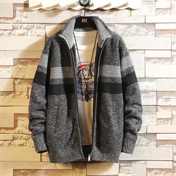 Fleeced stickad tröja cardigan för män med hel dragkedja