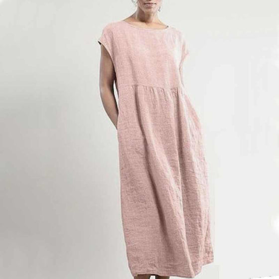 Enfärgad ärmlös lös linneklänning med ficka