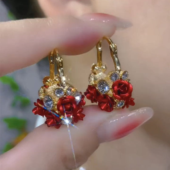 Blossoming Flower Basket Red Rose Earrings
