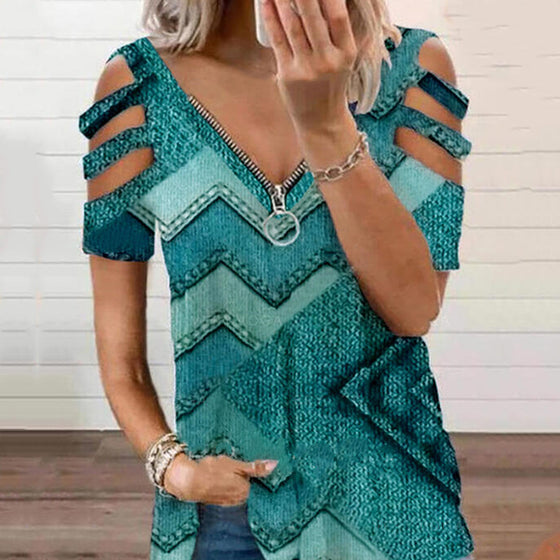 V-halsad dragkedja kortärmad t-shirt