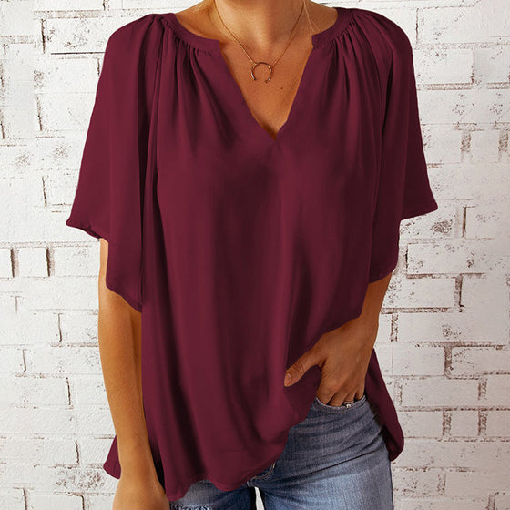 V-ringad halvärm enfärgad blus