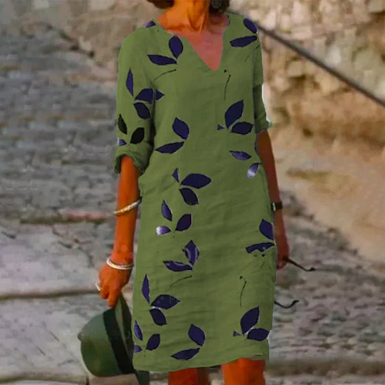 Lövmönster kortärmad klänning
